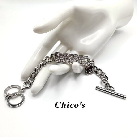 Chico's Pave Rhinestone Silver I.D. Style Bracelet, Toggle Clasp, 8 1/2 Inches - Picture 1 of 9